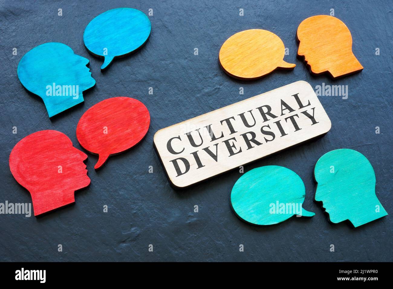 Signe de diversité culturelle et formes de tête colorées. Banque D'Images