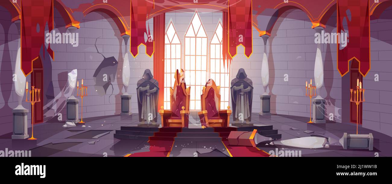 Château médiéval abandonné avec trônes royaux d'or. Dessin animé vectoriel intérieur de vieux palais sale avec des chaises de roi et de reine, statues en pierre de chevaliers, t Illustration de Vecteur