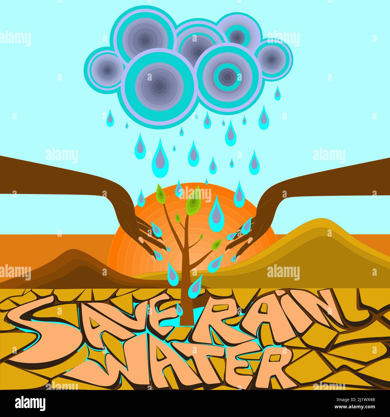 L'eau est la vie. Économisez la récolte de l'eau de pluie. Solution à la crise de l'eau concept Illustration de Vecteur