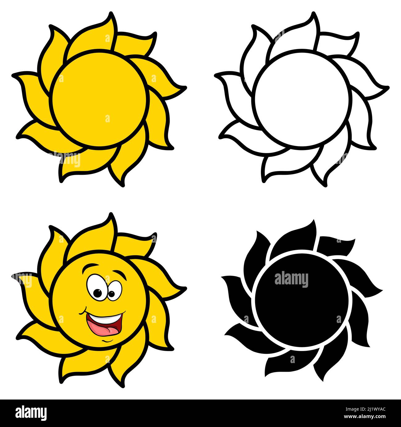 Collection Sun. Icône de dessin animé, silhouette et contour. Illustration vectorielle isolée sur fond blanc. Illustration de Vecteur