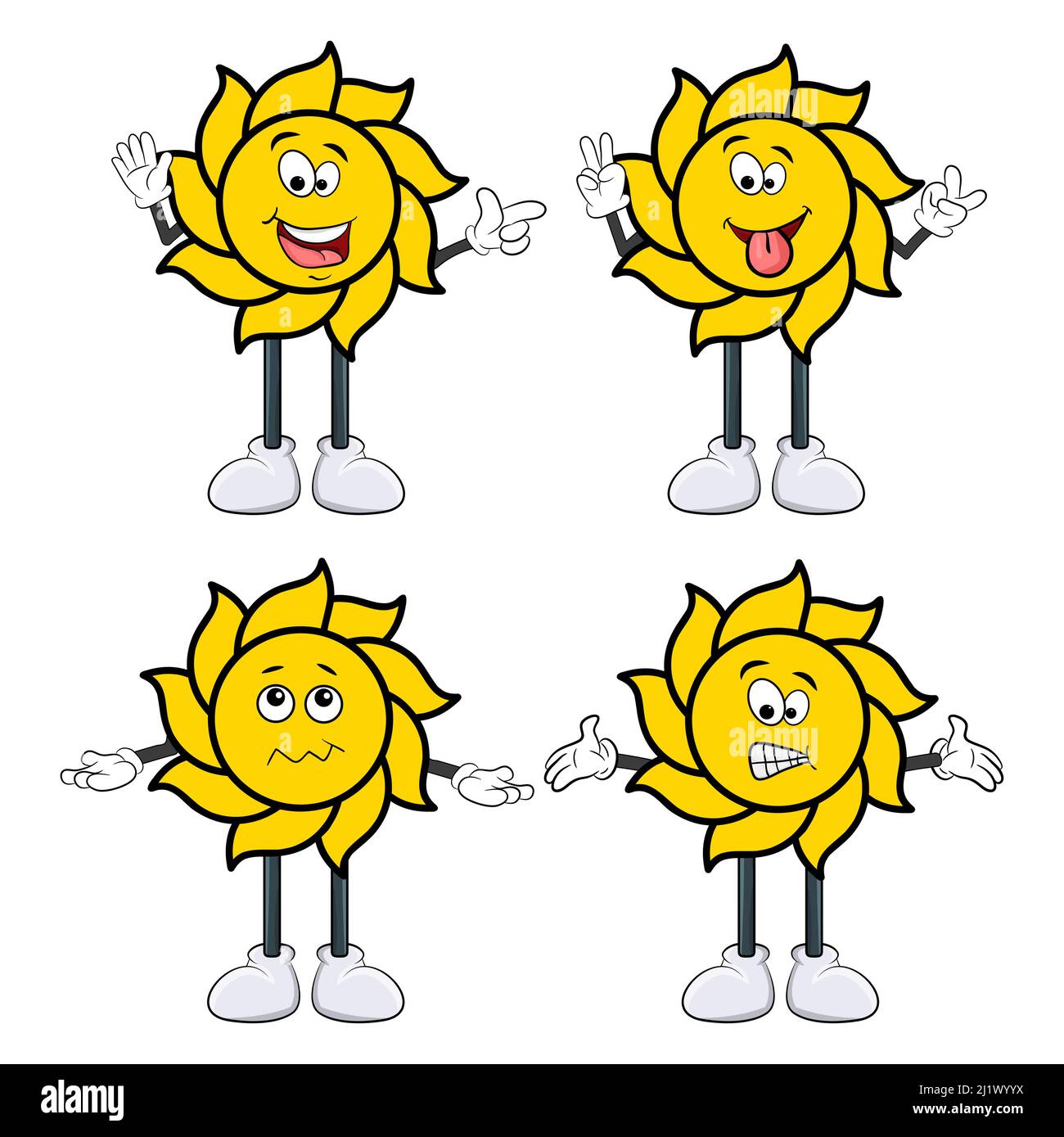 Ensemble visage soleil d'été. Personnage soleil avec bras et jambe dans différentes expressions. Illustration de Vecteur