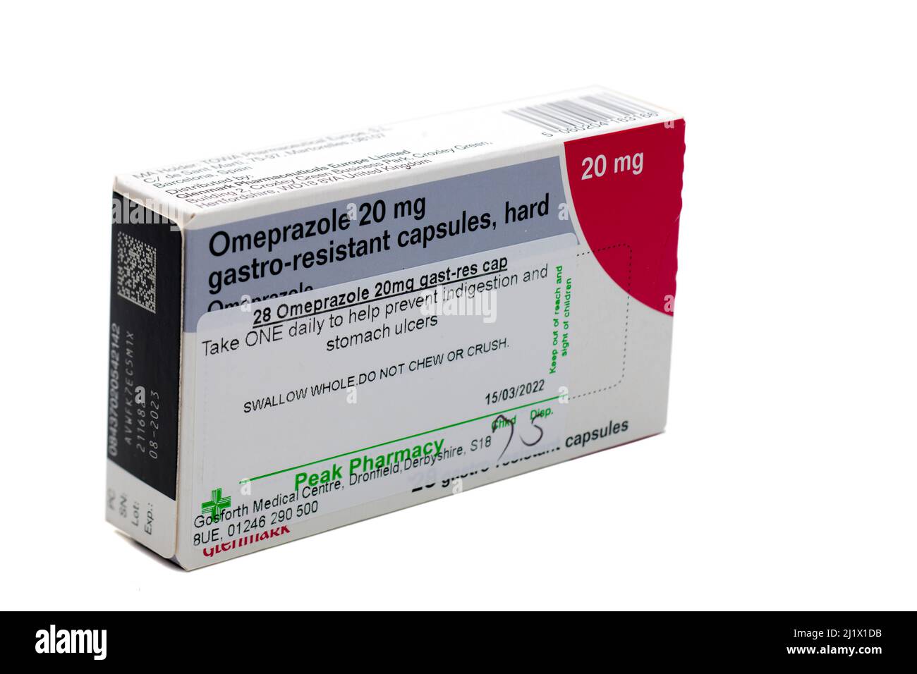 Boîte de 20mg capsules d'Omeprazole prescrites Banque D'Images