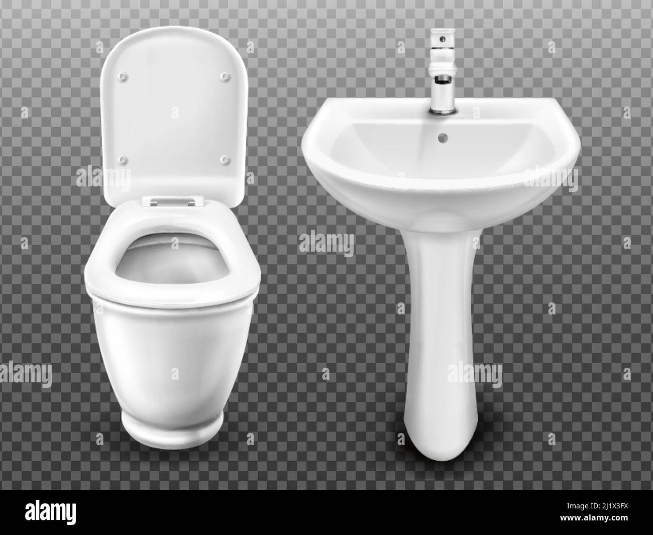 Lavabo et cuvette blancs pour la salle de bains, WC ou toilettes modernes. Lavabo en céramique Vector réaliste avec robinet et lavabo avec réservoir de chasse d'eau et mer ouverte Illustration de Vecteur