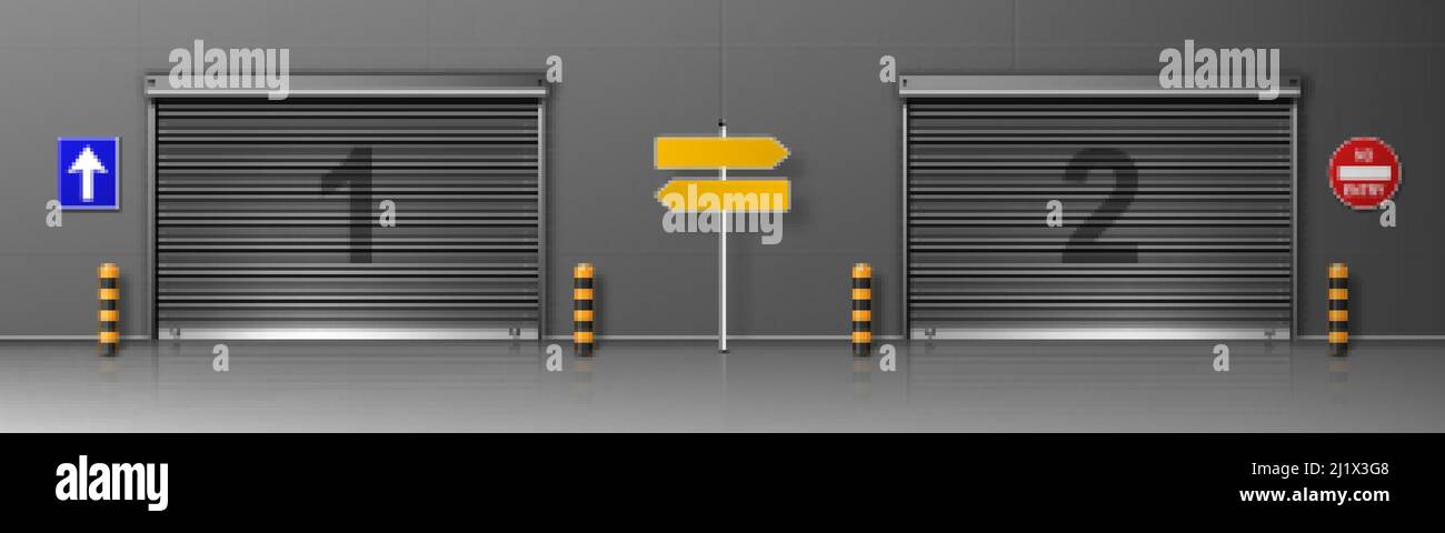 Porte avec volet roulant en métal dans le bâtiment du centre logistique. Illustration réaliste Vector des portes de chargement dans l'entrepôt ou le moyeu de distribution avec rouleau Illustration de Vecteur