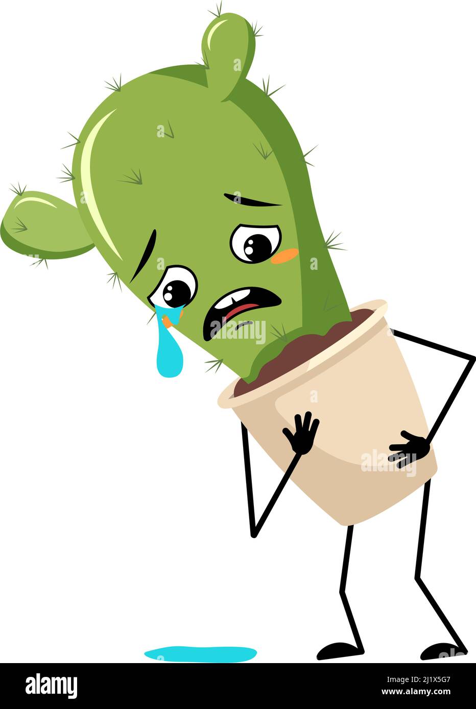 Cactus mignon avec pleurs et larmes émotion, visage triste, yeux dépressifs, bras et jambes. Plante de maison avec expression mélancolique. Illustration vectorielle plate Illustration de Vecteur