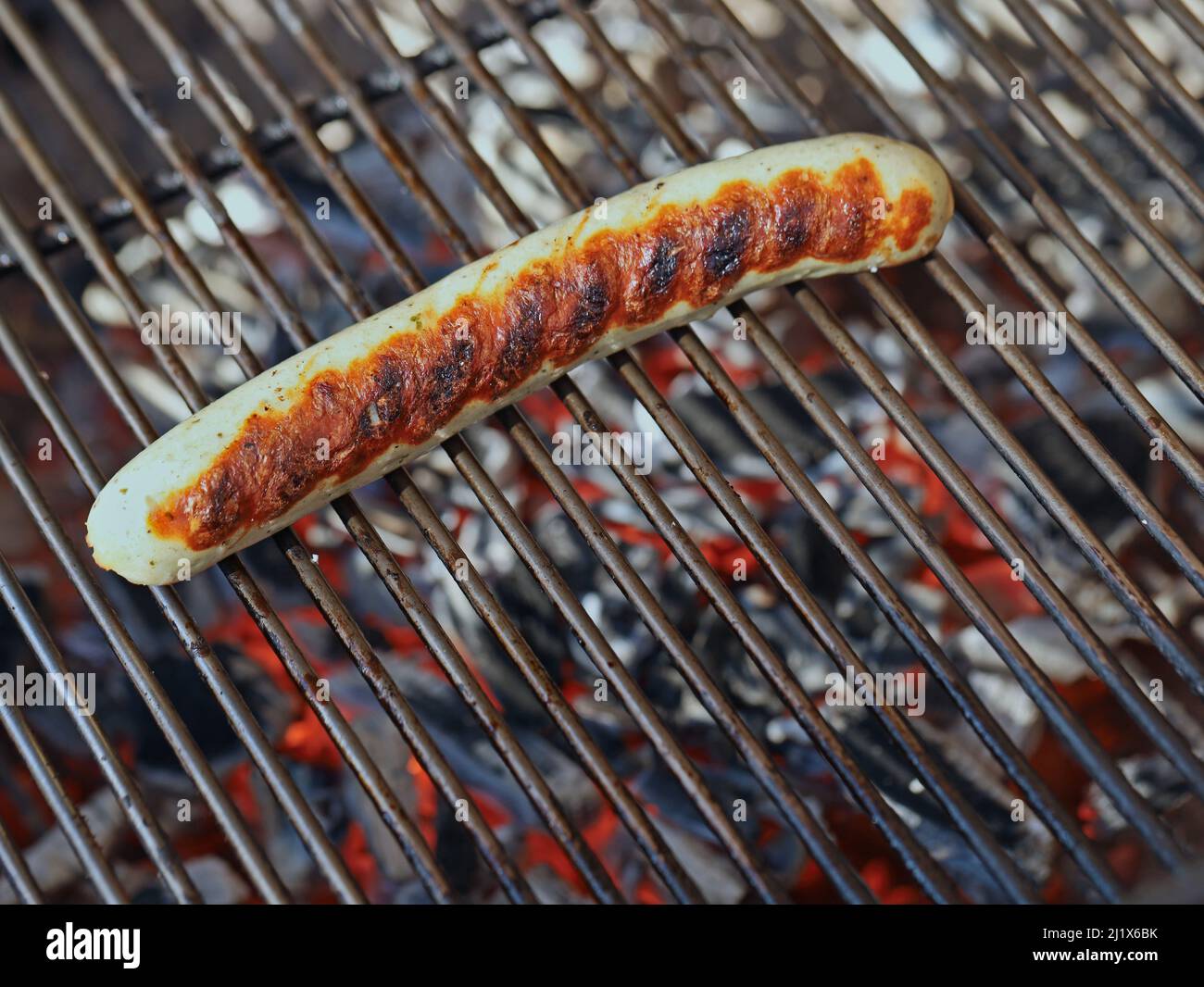 saucisse allemande simple, bratwurst sur barbecue grille au-dessus de charbon de bois brillant avec espace de copie Banque D'Images