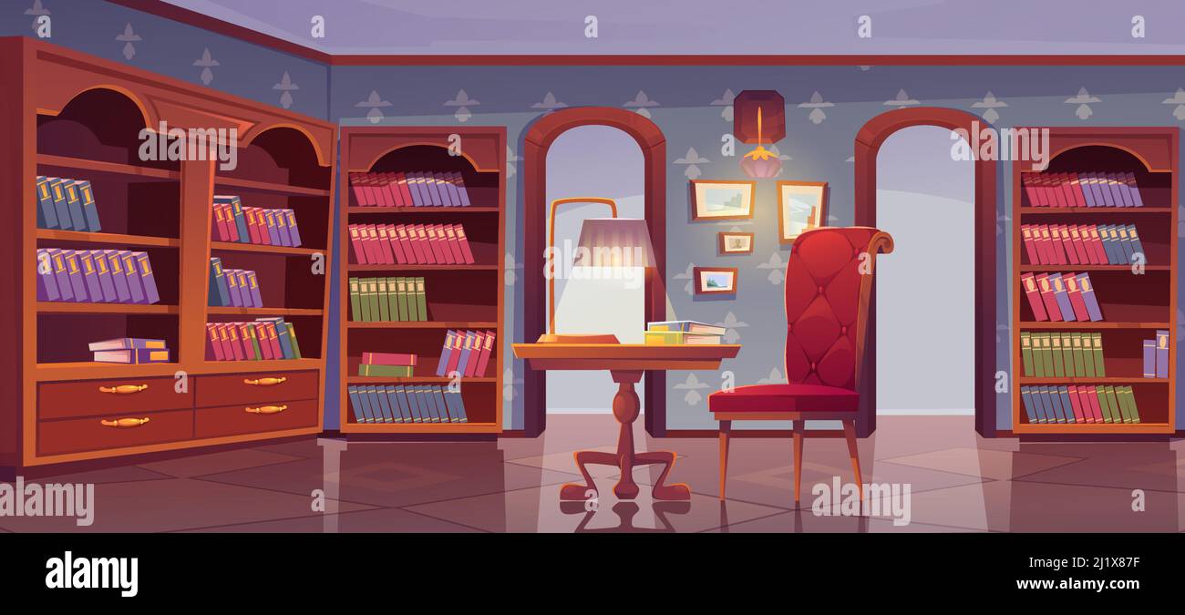 Bibliothèque VIP, intérieur de luxe, pièce vide pour lire avec des livres sur des étagères en bois de bibliothèque, fauteuil confortable et table avec lampe au centre Illustration de Vecteur