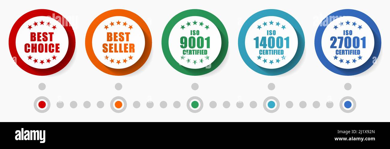 Meilleur choix, meilleur vendeur et jeu d'icônes vectorielles iso, boutons professionnels ronds à conception plate, modèle d'infographie coloré Illustration de Vecteur