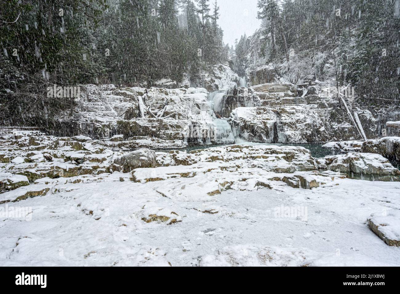 Chute d'eau de neige Parc provincial Strathcona de Lower Myra Falls. Banque D'Images