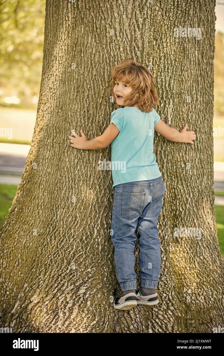 Joyeux garçon enfant grimper arbre été à l'extérieur, boyHood Banque D'Images