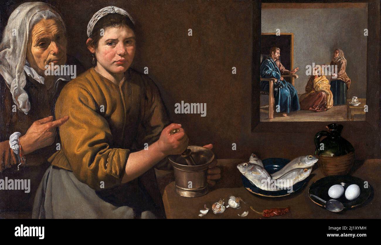 Cuisine scène avec le Christ dans la Maison de Martha et Marie par Diego Velazquez (1599-1660), huile sur toile, c. 1618 Banque D'Images