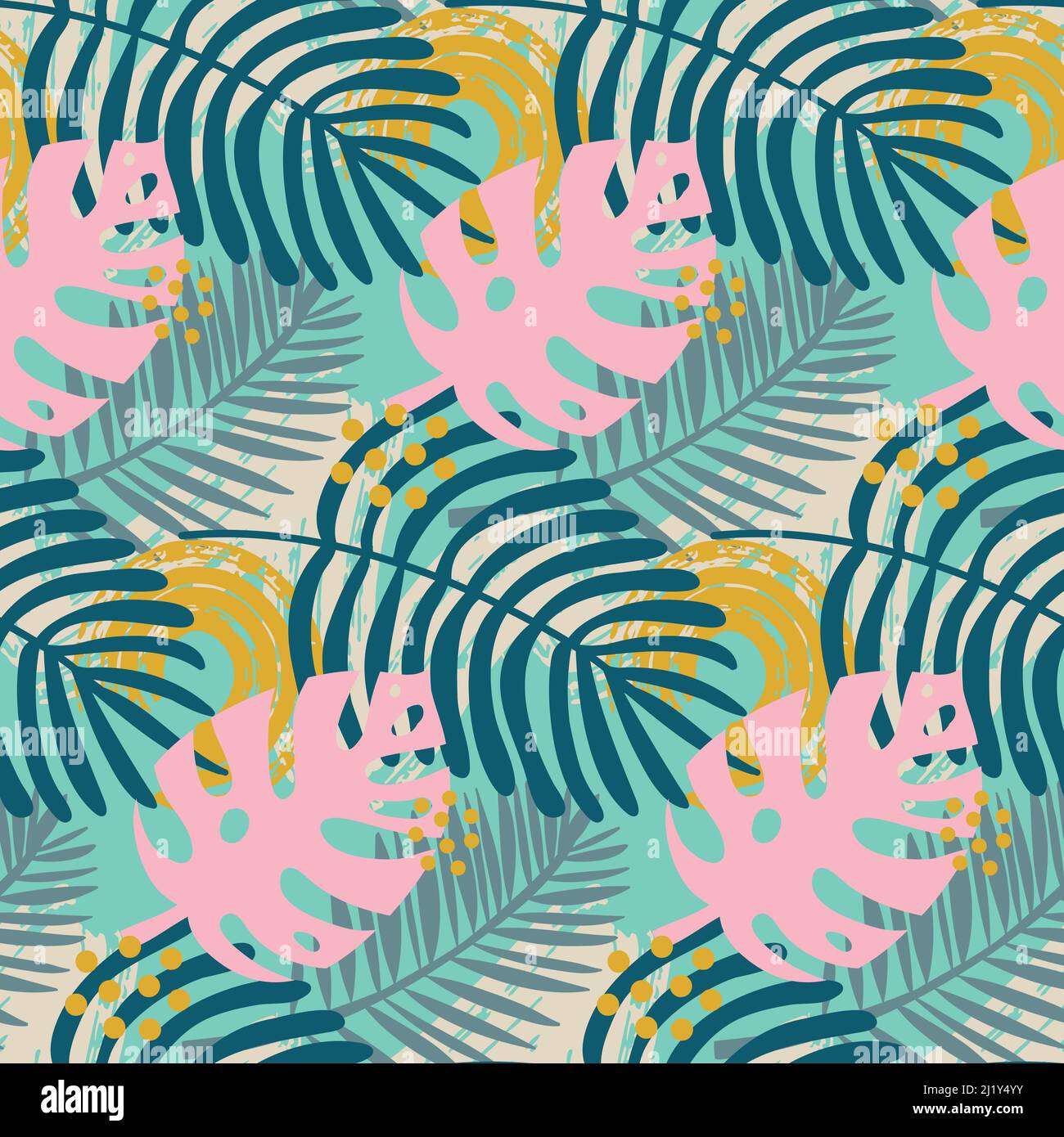 Motif feuilles de palmier Monstera sans couture, feuille rose tropical tendance, illustration Banque D'Images