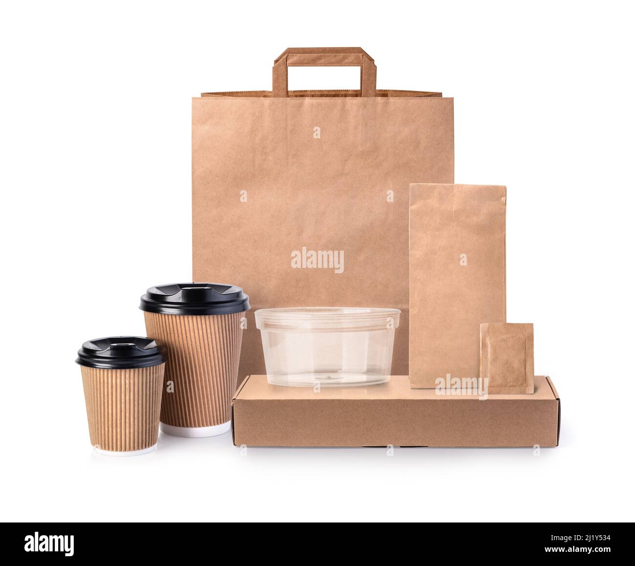 Kit d'emballage en carton. Boîtes et paquets de pizza, de hamburgers et de livraison rapide de nourriture, sacs à provisions vierges. Tasse à café jetable, maquettes à emporter. Banque D'Images