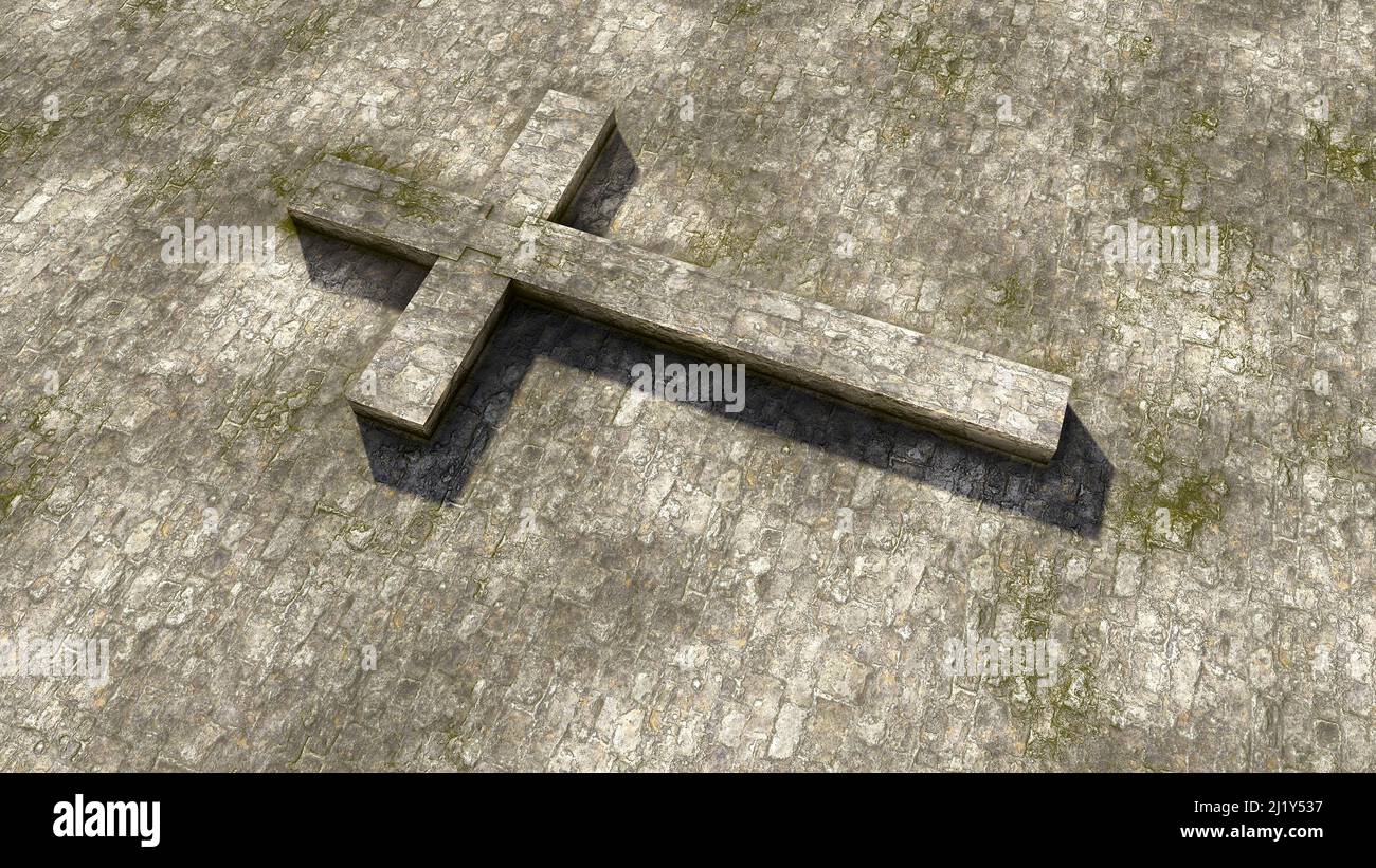 Concept ou concept de croix de pierre grise sur un fond de pierre grungy vintage. 3D métaphore de l'illustration pour Dieu, Christ, Christianisme, religieux, foi Banque D'Images