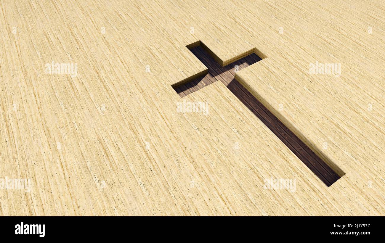 Concept ou conceptuel croix en bois brun sur fond de pierre travertin. 3D métaphore de l'illustration pour Dieu, Christ, Christianisme, religieux, foi, hai Banque D'Images