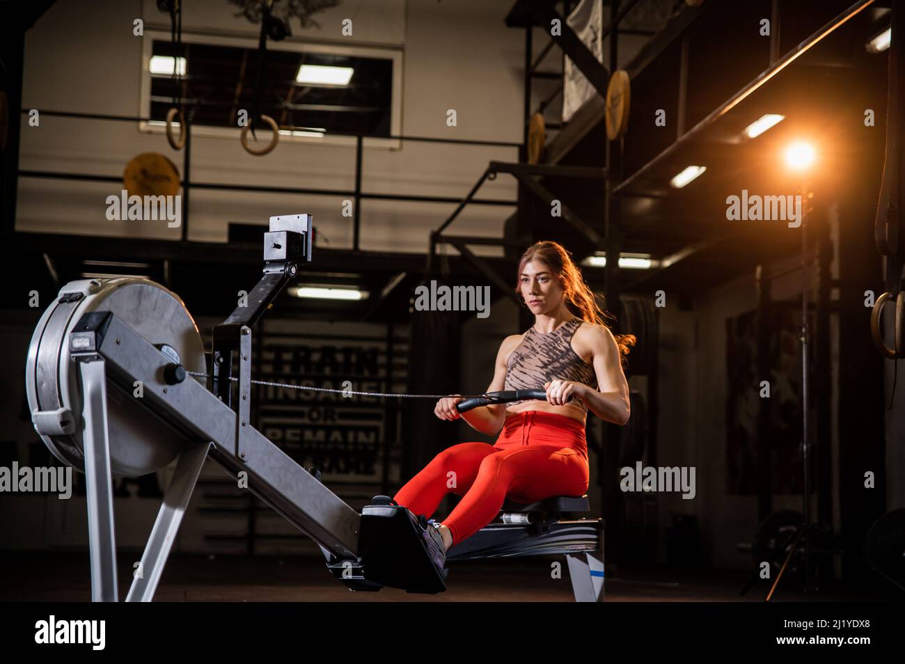 Une femme musclée attrayante dans une salle de gym entièrement équipée fait l'entraînement individuel pour tout le corps sur rameur intérieur Banque D'Images