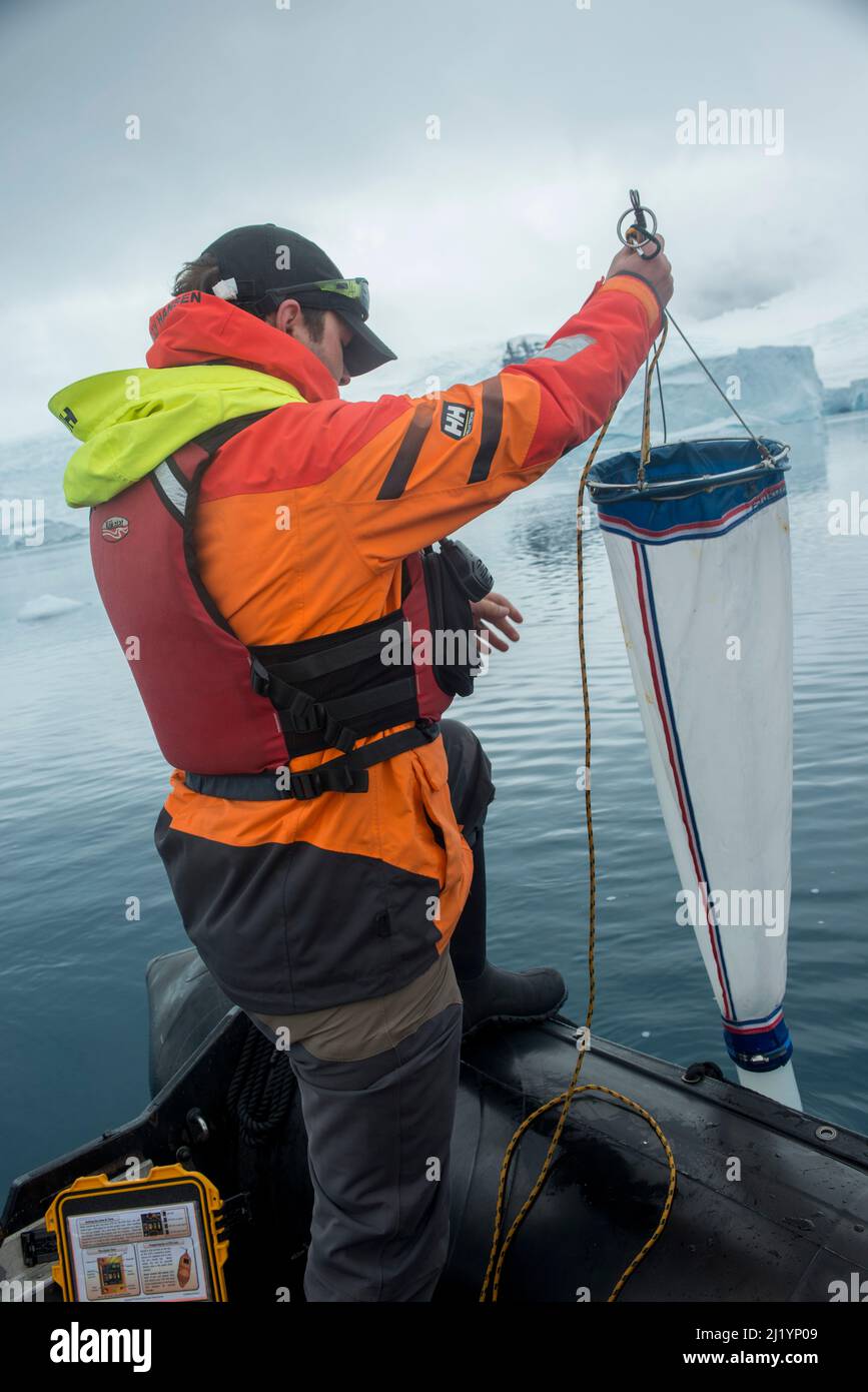 Les clients du bateau de croisière antarctique participent au projet des scientifiques citoyens, en recueillant des échantillons de plancton, la température de l'océan et la clarté de l'eau au large de Danco Banque D'Images