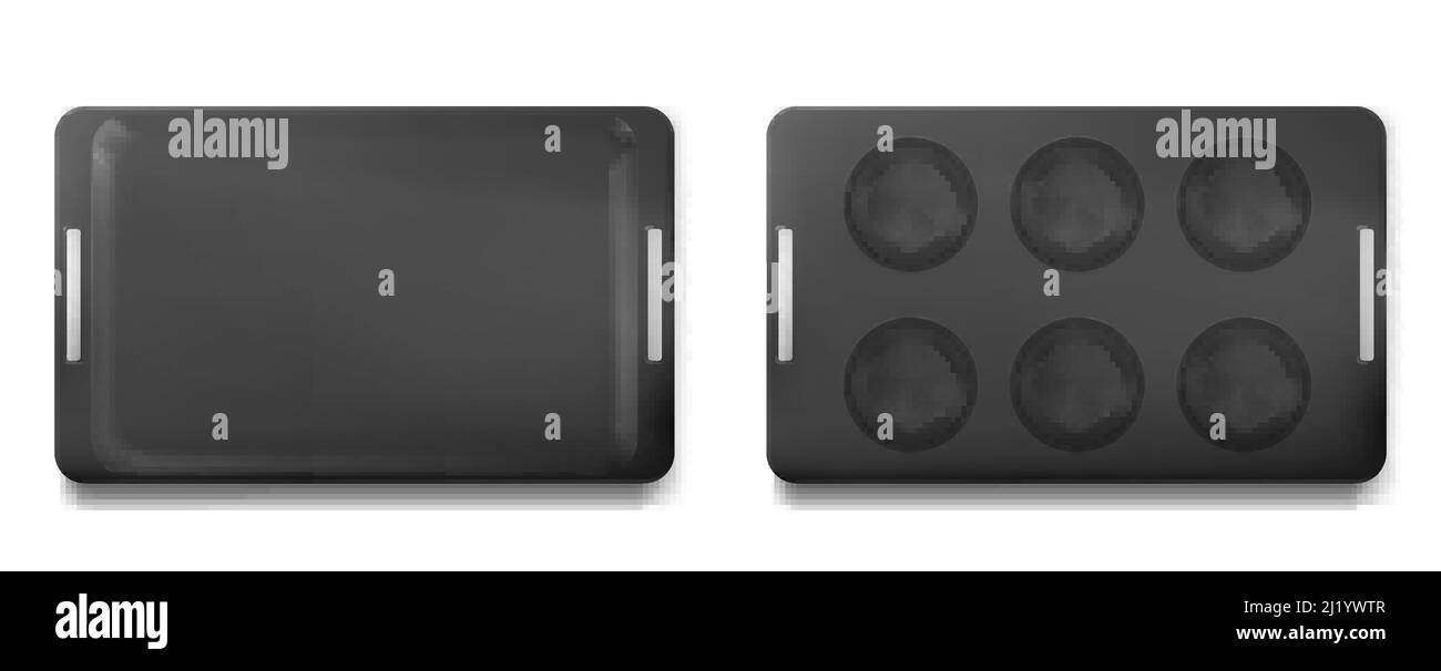 Plateau pour la cuisson des muffins vue du dessus et du dessous, moule vide, cupcakes isolés. Ustensile de cuisine pour four, plat en métal avec trous ronds pour rang doug Illustration de Vecteur