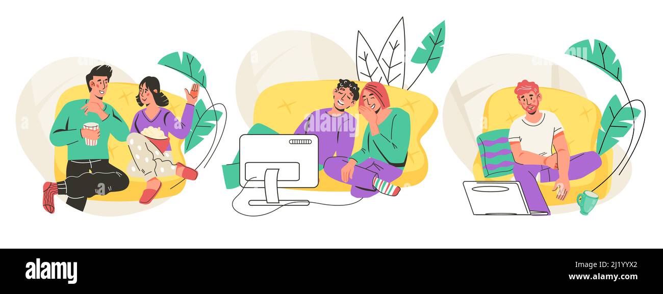 Ensemble de personnes regardant un film à la maison, couples, amis et célibataires, illustration vectorielle plate isolée sur fond blanc. Home Cinema et loisirs Illustration de Vecteur