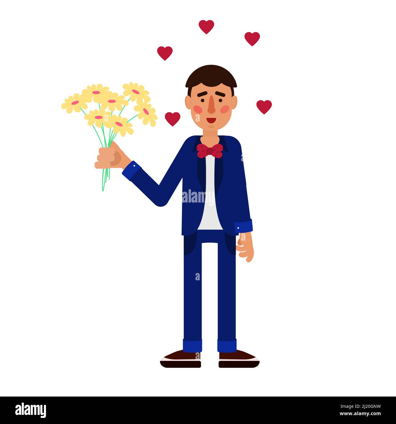 Homme amoureux de bouquet de fleurs dans ses mains. Porter un costume avec noeud papillon. Cœurs dans l'air. Illustration de Vecteur