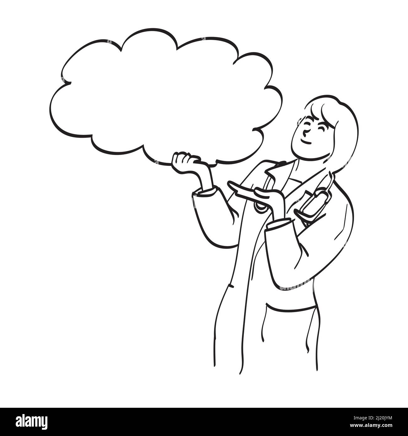 femme médecin en manteau uniforme avec stéthoscope tenant blanc bulle de parole illustration vecteur main dessinée isolée sur fond blanc ligne art. Illustration de Vecteur