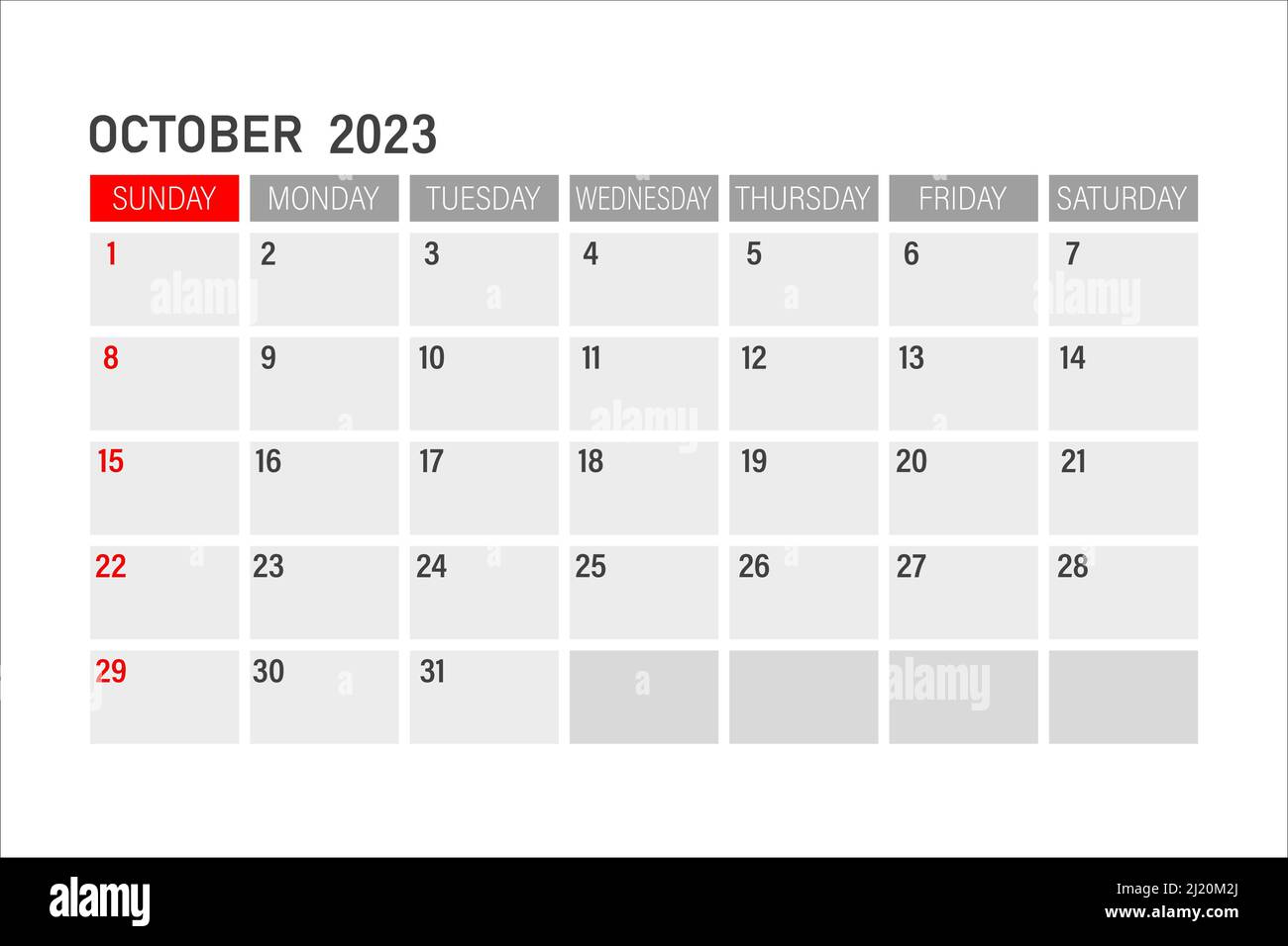Calendrier Mensuel Octobre 2023 Modèle De Calendrier Pour Octobre 2023. Mise En Page Pour L'année Octobre  2023. Planificateur Mensuel Imprimable. Calendrier De Bureau. Début De La  Semaine Le Dimanche Image Vectorielle Stock - Alamy