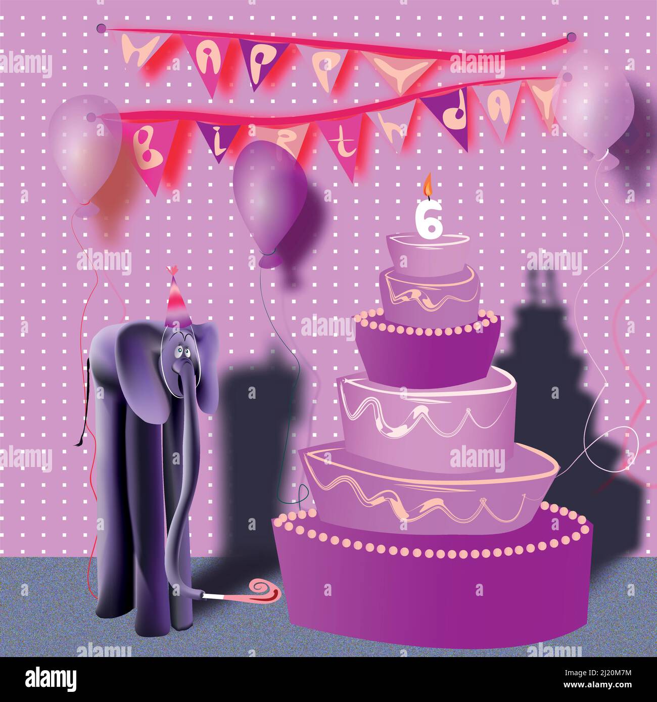 Une carte d'anniversaire heureuse avec un bébé éléphant dans un chapeau de  fête et avec une raclette dans son coffre, regardant un grand gâteau avec  une bougie sur le dessus dans la