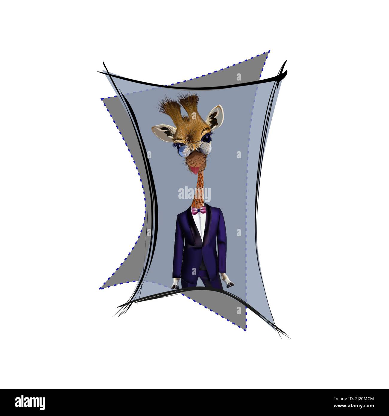 Girafe dans un smoking bleu et noeud papillon, portant des lunettes de steampunk, illustration vectorielle, imprimé élégant pour t-shirt, pyjama, journal, mug Illustration de Vecteur