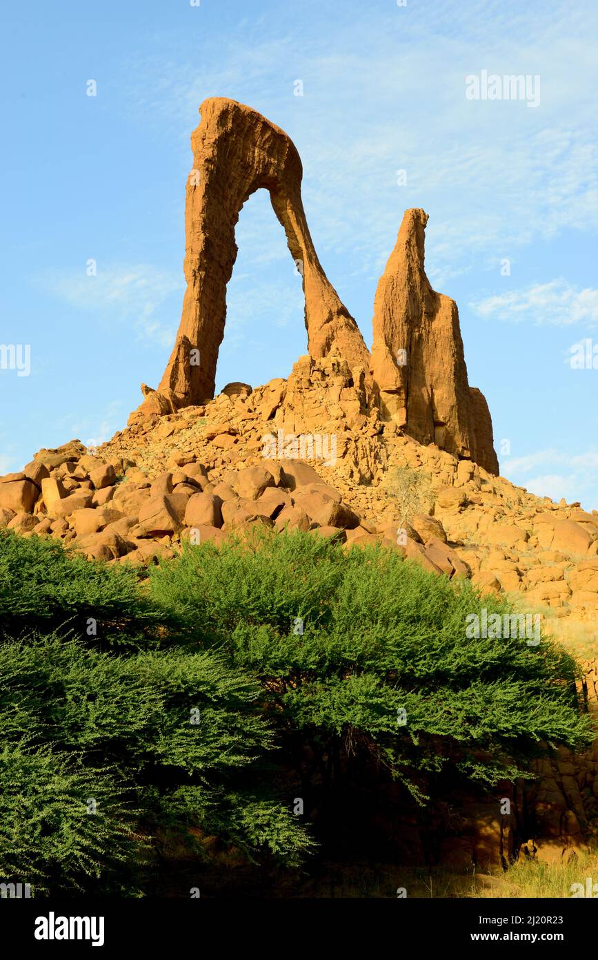Arche de grès érodée, appelée arche de Julia, dans le désert du Sahara, réserve naturelle et culturelle Ennedi, site du patrimoine mondial de l'UNESCO, Tchad. Sept Banque D'Images