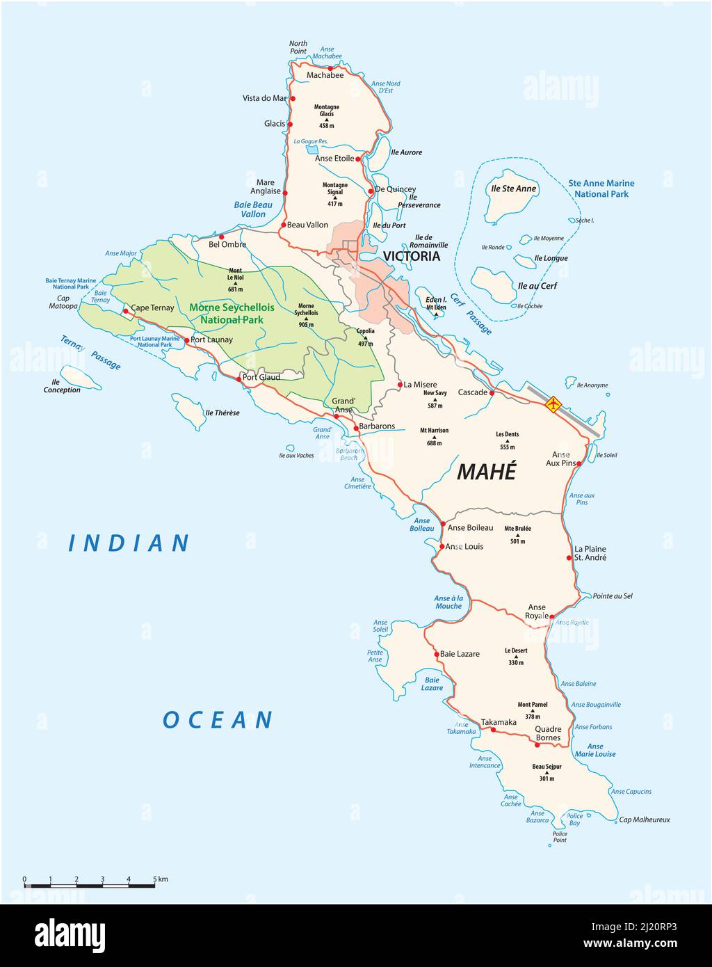 Carte routière vectorielle de l'île de Mahé aux Seychelles Illustration de Vecteur