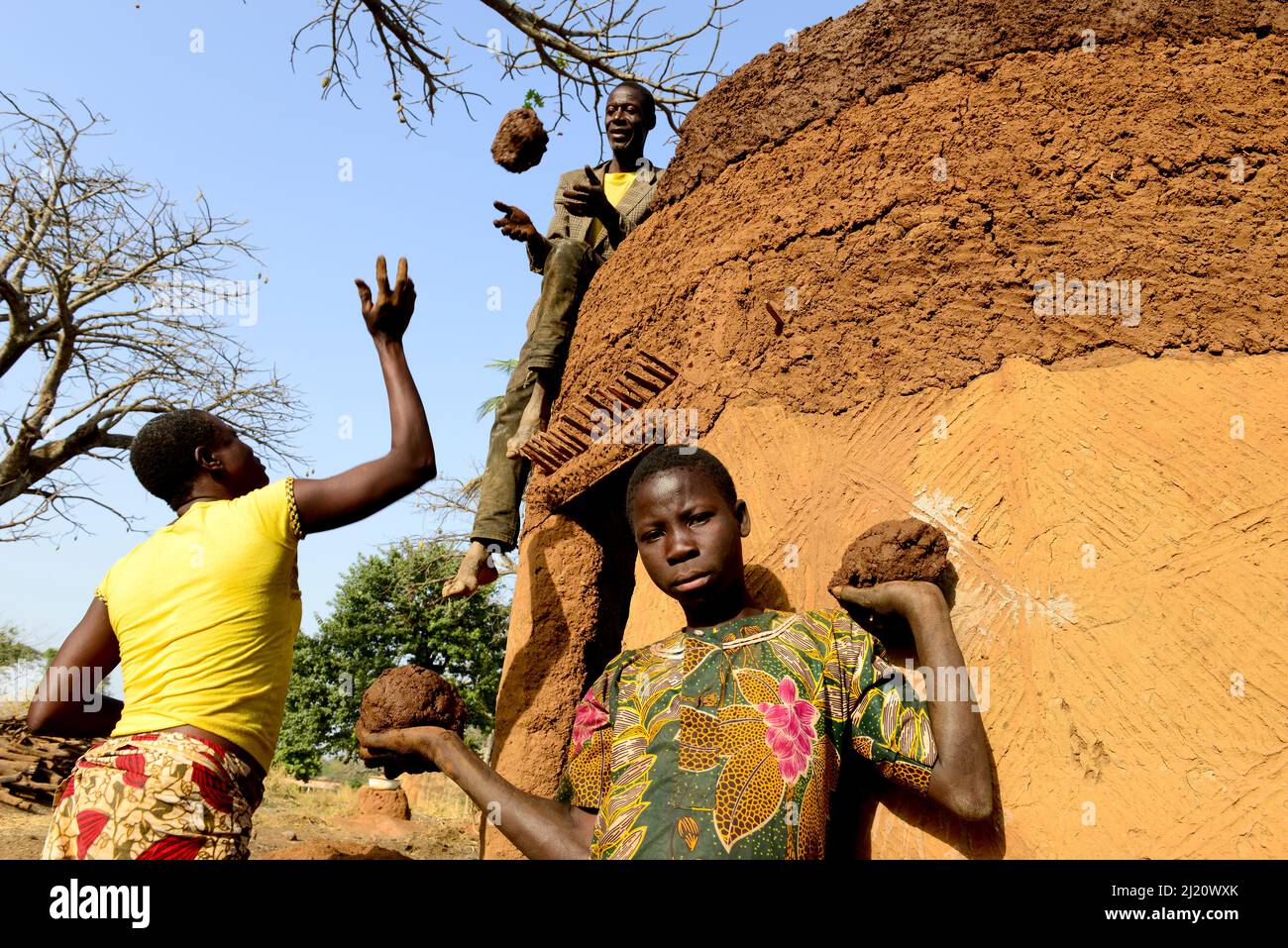 Famille Somba utilisant la boue pour réparer leur maison traditionnelle, le pays de la Batammariba, Bénin, février 2020 Banque D'Images