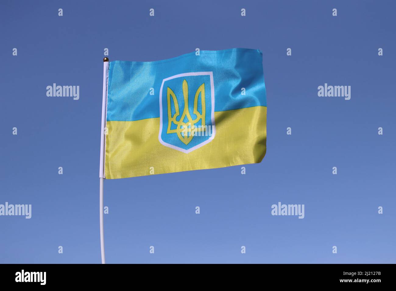 Le drapeau ukrainien flotte dans un vent fort. Banque D'Images