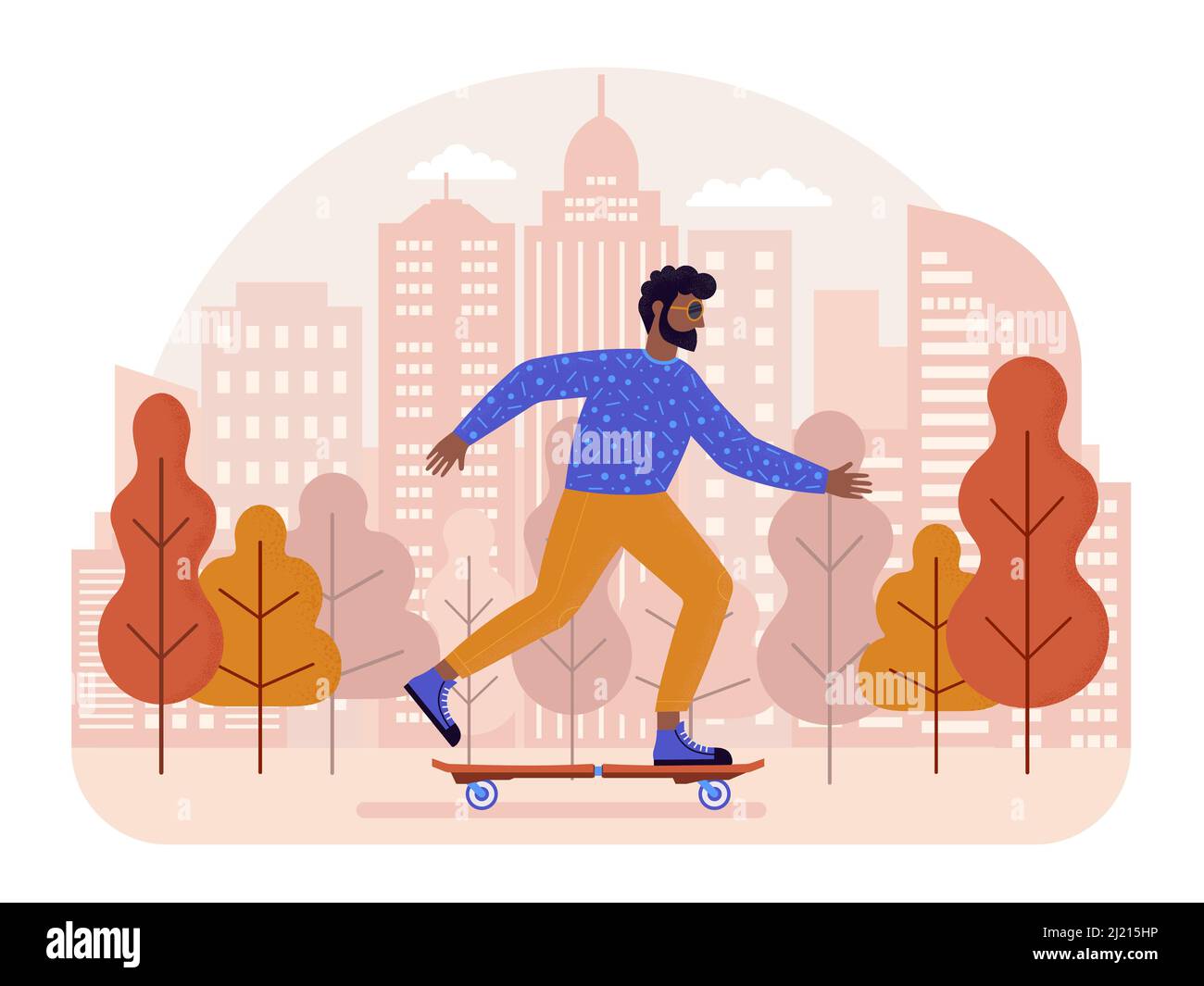 Black Man Riding Skateboard dans le parc de la ville Illustration de Vecteur