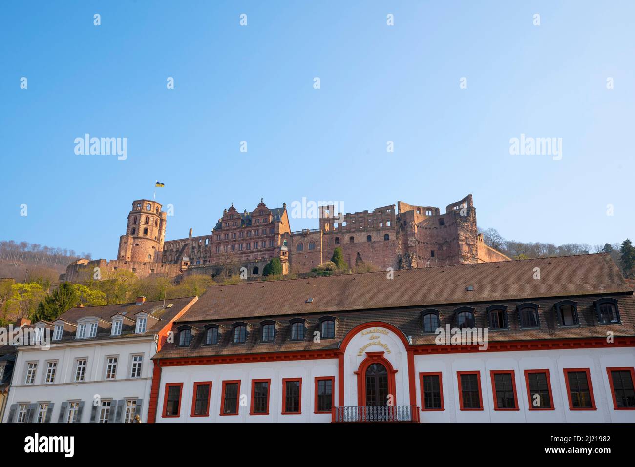 Académie des sciences sur Karlsplatz et les ruines du château sur le fond à Heldelberg. Heidelberg est une ville située sur la rivière Neckar, dans le sud-ouest de l'Allemagne. Banque D'Images