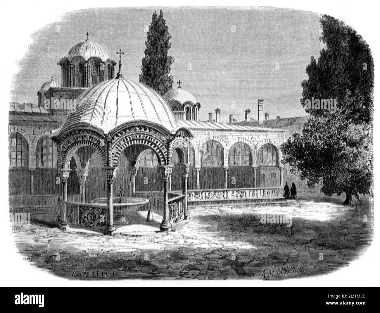 c11th Fontaine ou Phiale dans le Grand Monastère de Lavra Mont Athos Grèce. Illustration ancienne ou gravure 1860. Banque D'Images