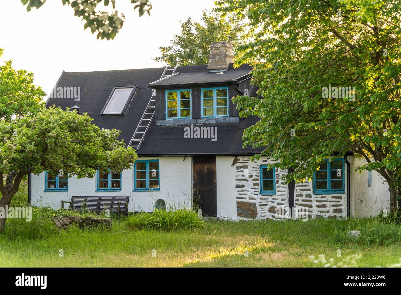 Image d'un beau jardin avec pommiers, fleurs et maison d'été de style scandinave Banque D'Images