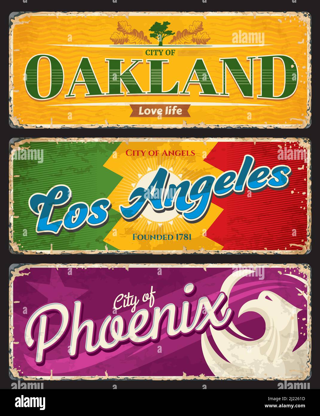 Oakland, Los Angeles et Phoenix american villes plaques et autocollants de voyage. BANNIÈRE US City grunge, Etats-Unis d'Amérique voyage grunge panneaux d'étain vecteur avec drapeaux de villes et symboles de blason Illustration de Vecteur