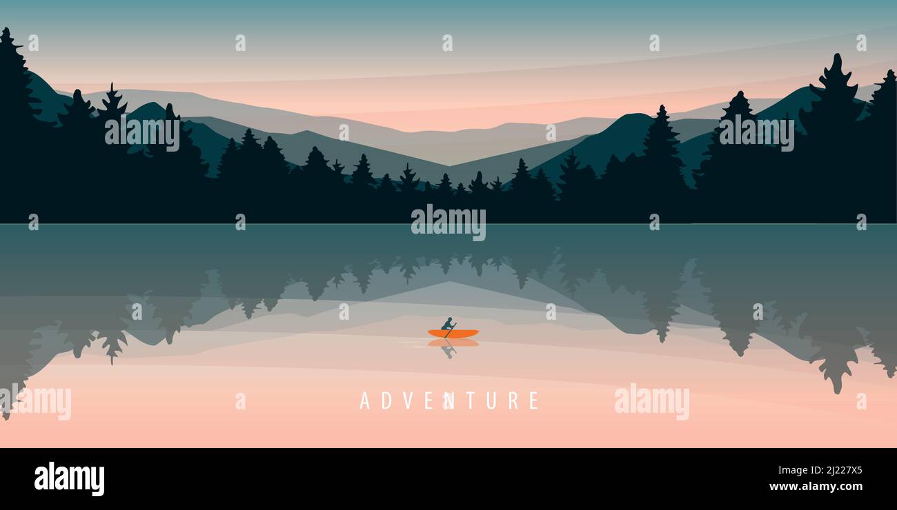 aventure solitaire en canoë avec paysage de forêt de bateaux rouges Illustration de Vecteur