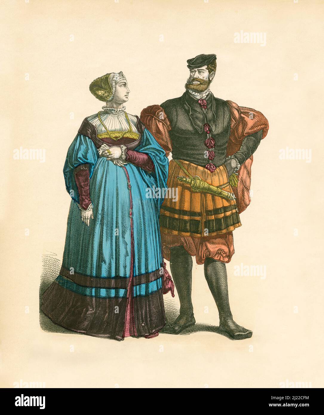 Couple noble allemand, premier tiers du 16th siècle, Illustration, l'histoire du costume, Braun & Schneider, Munich, Allemagne, 1861-1880 Banque D'Images