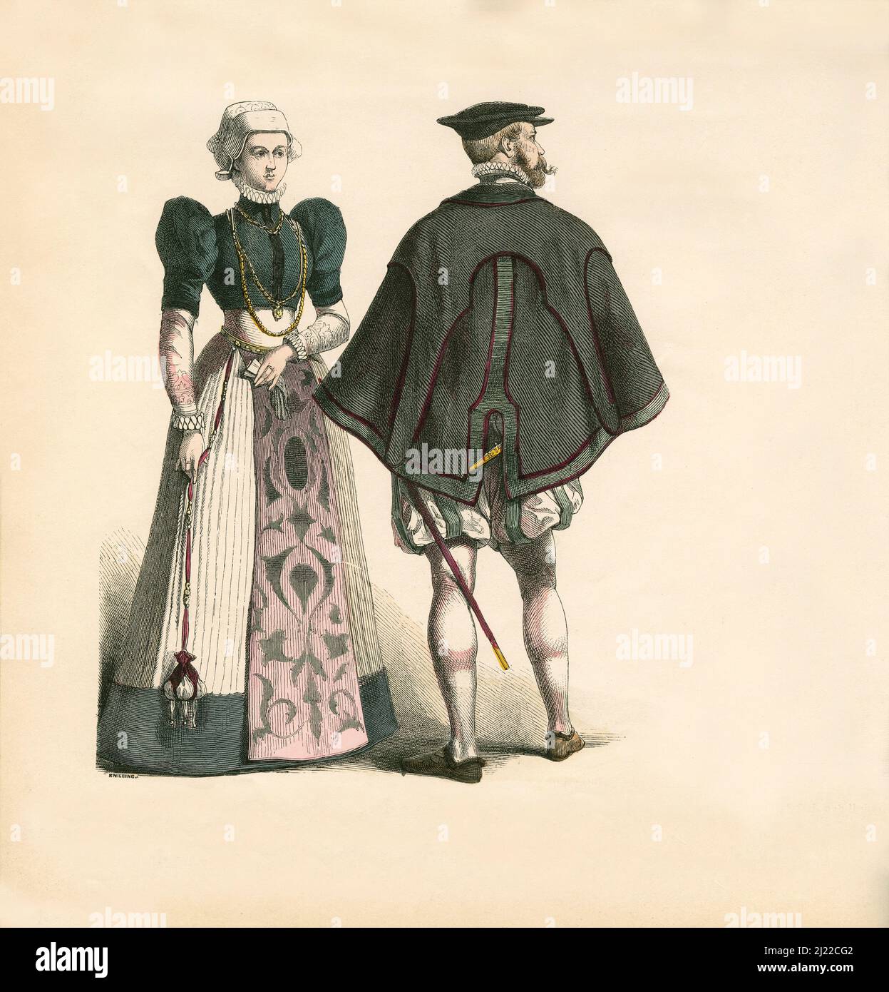 Habitants allemands, dernier tiers du 16th siècle, Illustration, l'Histoire du Costume, Braun & Schneider, Munich, Allemagne, 1861-1880 Banque D'Images