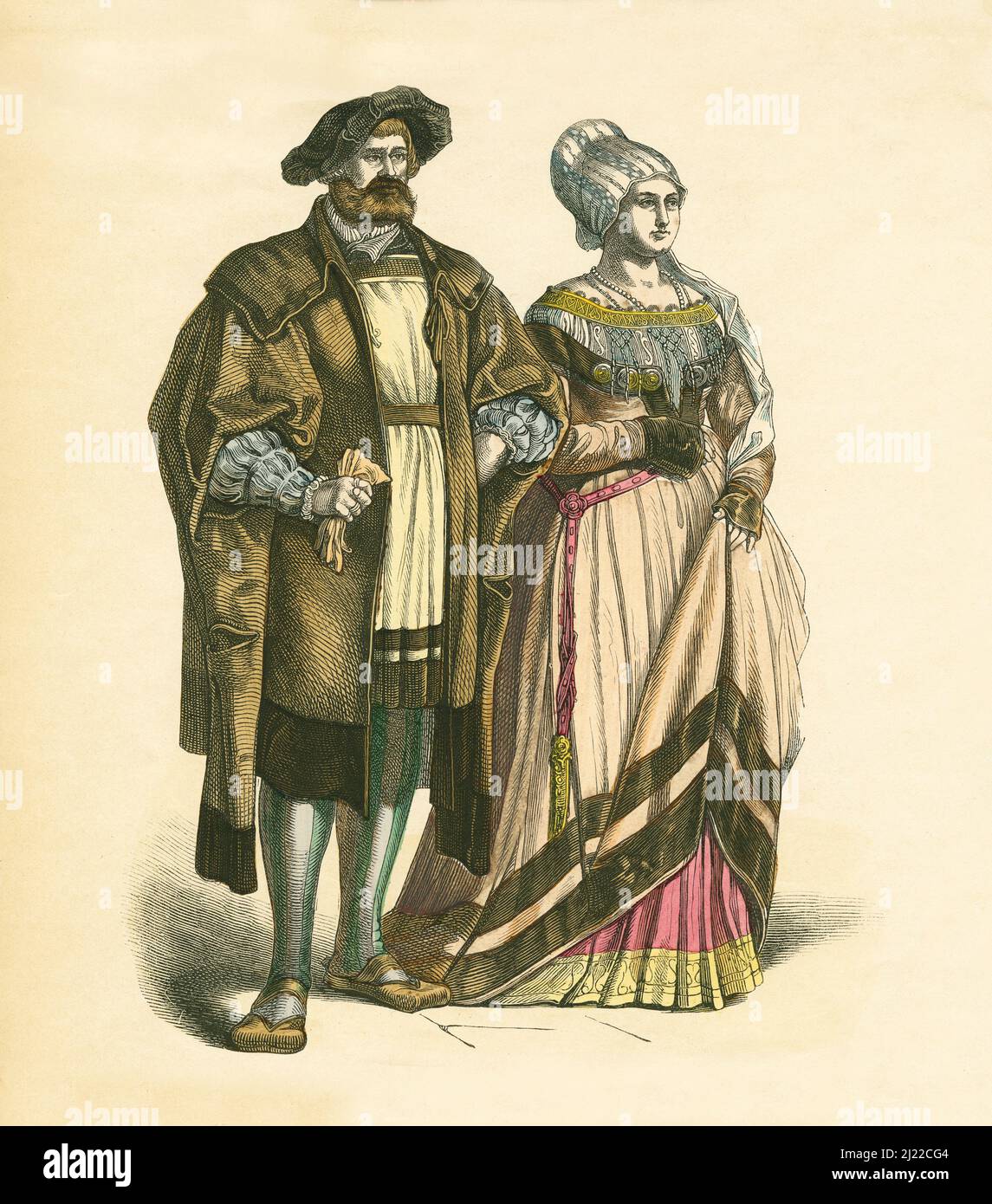 Couple allemand, premier tiers du 16th siècle, Illustration, l'histoire du costume, Braun & Schneider, Munich, Allemagne, 1861-1880 Banque D'Images