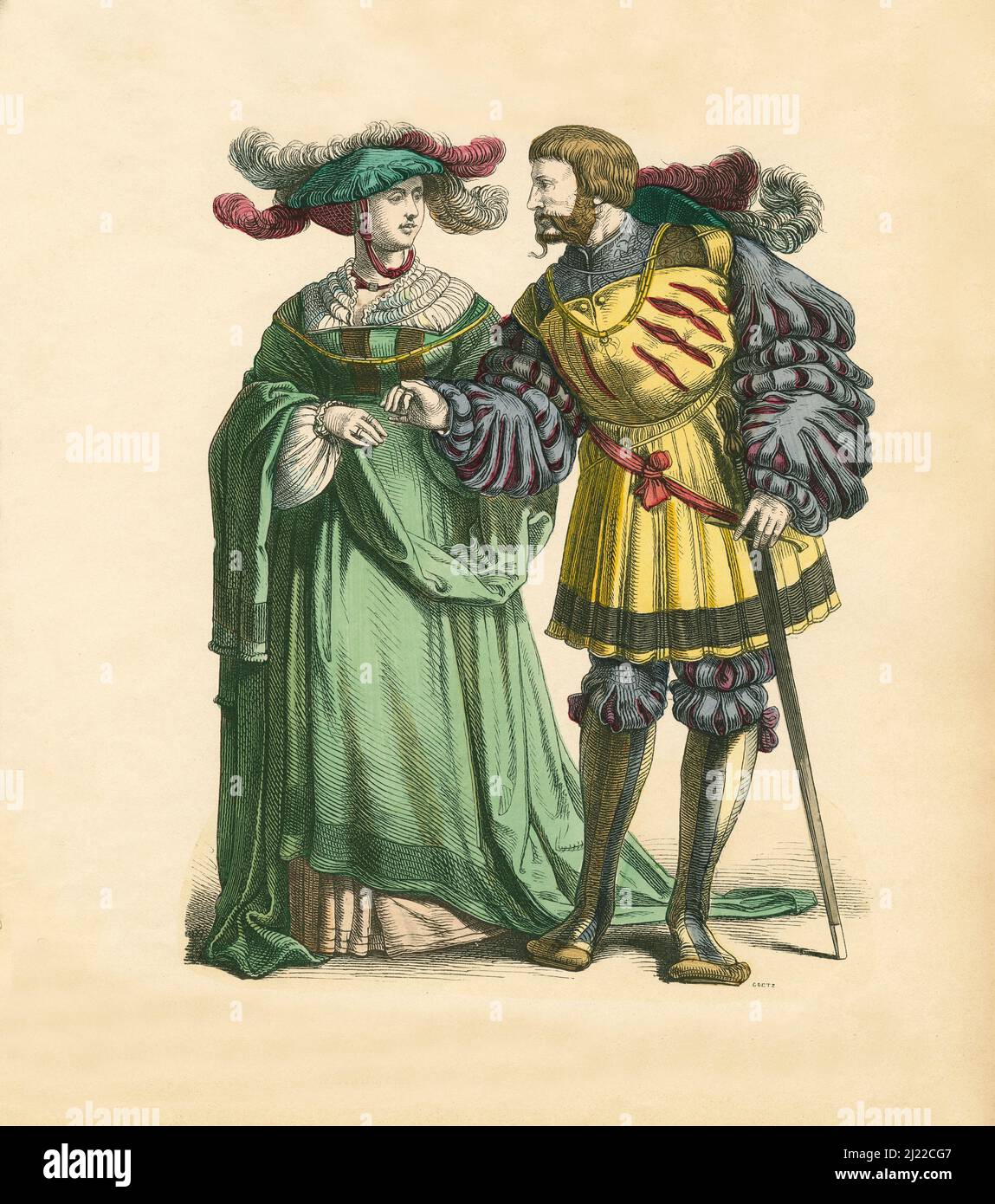 Couple allemand, premier tiers du 16th siècle, Illustration, l'histoire du costume, Braun & Schneider, Munich, Allemagne, 1861-1880 Banque D'Images