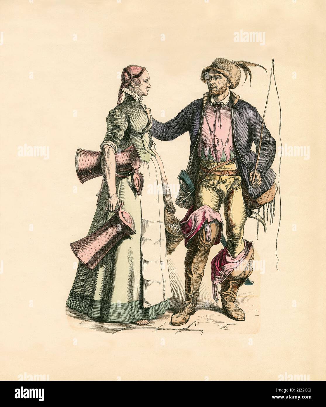 Nuremberg Maid and Cart Driver, dernier tiers du 16th siècle, Illustration, l'histoire du costume, Braun & Schneider, Munich, Allemagne, 1861-1880 Banque D'Images