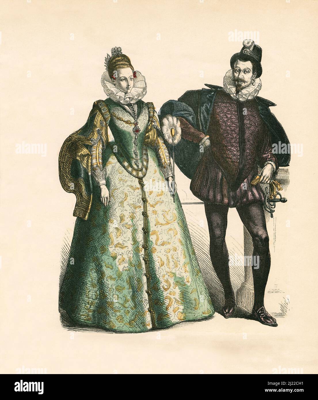 Couple Noble espagnol, deuxième tiers du 16th siècle, Illustration, l'histoire du costume, Braun & Schneider, Munich, Allemagne, 1861-1880 Banque D'Images