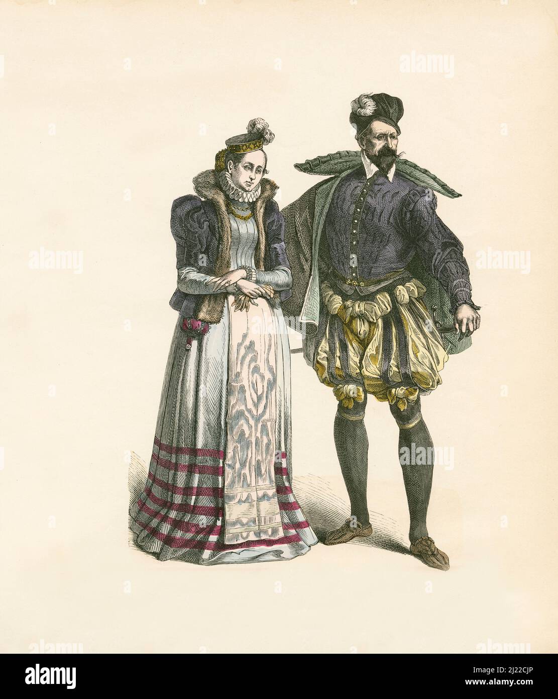 French Noble couple, dernier tiers du 16th siècle, Illustration, l'Histoire du Costume, Braun & Schneider, Munich, Allemagne, 1861-1880 Banque D'Images