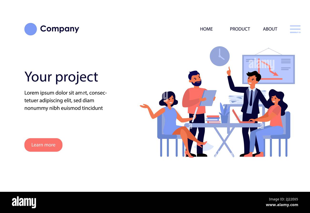 Équipe commerciale discutant du projet. Des collègues de bureau avec des gadgets se rencontrent et parlent illustration vectorielle plate. Coopération, travail d'équipe Illustration de Vecteur