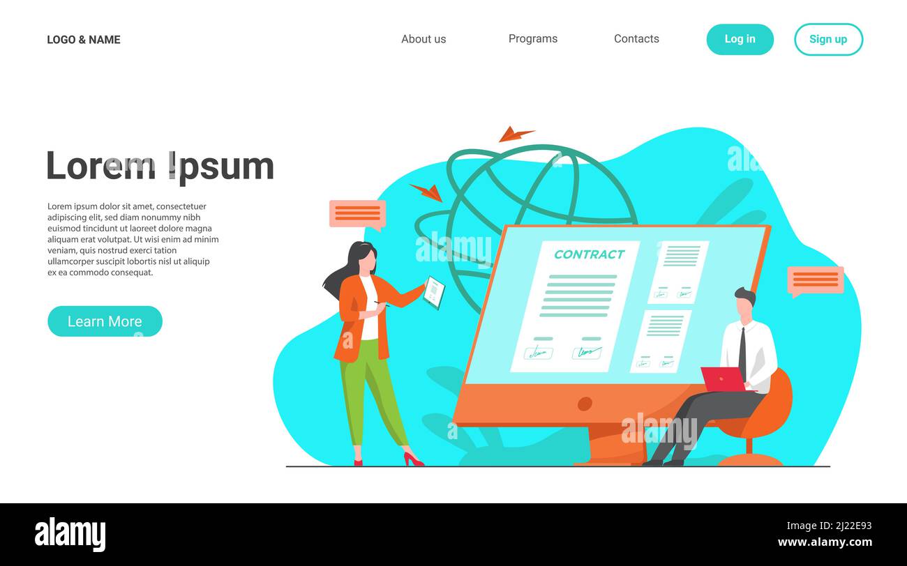 Les gens d'affaires signant le contrat en ligne avec l'illustration de vecteur de signe électronique. Les responsables parviennent à un accord officiel. Documents officiels, contr. En ligne Illustration de Vecteur