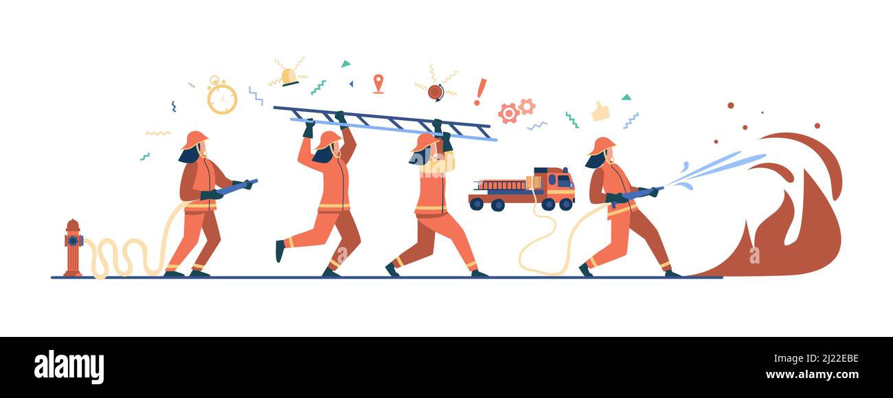 Braves pompiers portant un uniforme et un casque lutte contre les incendies illustration vectorielle plate isolée. Dessins animés pompiers équipe arrosage feu. Sécurité, sauvetage et Illustration de Vecteur