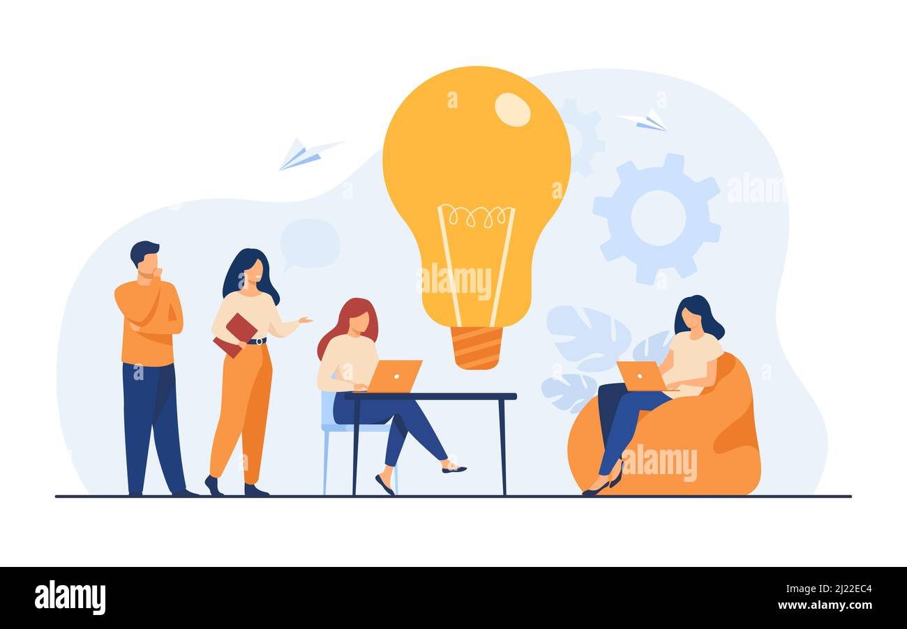 Réunion d'équipe d'affaires dans un bureau ou un espace de travail conjoint. Collègues assis à leur bureau, travaillant avec un ordinateur, discutant ensemble des idées du projet. Peut être Illustration de Vecteur