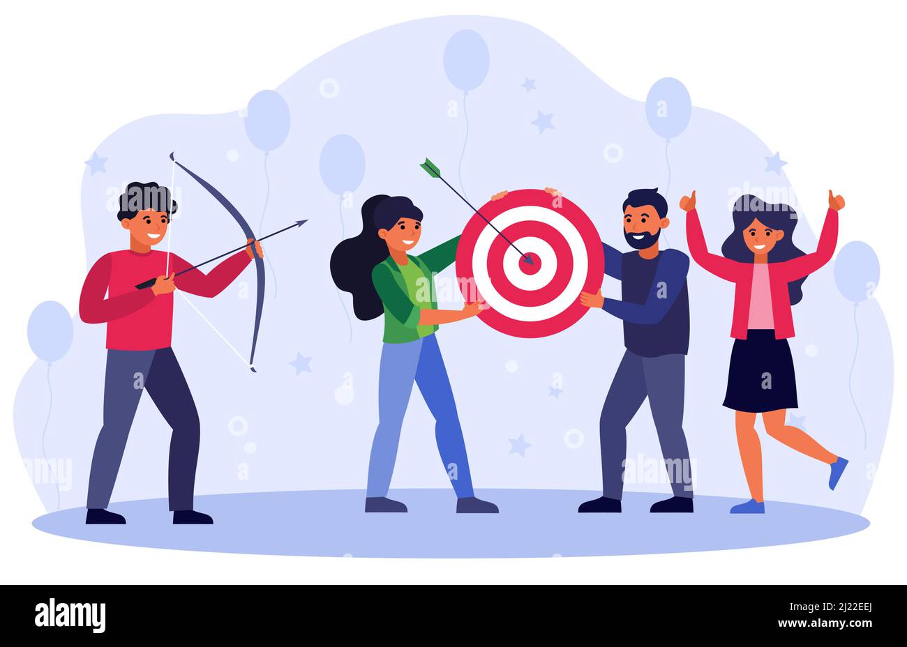 Business Goals concept, Team Doing tir à l'arc, viser la flèche à la cible, célébrer le succès. Illustration vectorielle de la stratégie, du défi, de la réussite conc Illustration de Vecteur